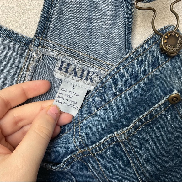 HAIKS Vintage Dark Wash Raw Hem Overall Shorts Size Large Spring Summer Boho Y2K - Picture 4 of 5